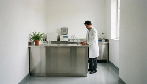 Technicien en laboratoire clinique travaillant avec un équipement médical dans un espace propre, moderne et bien éclairé par la lumière naturelle.