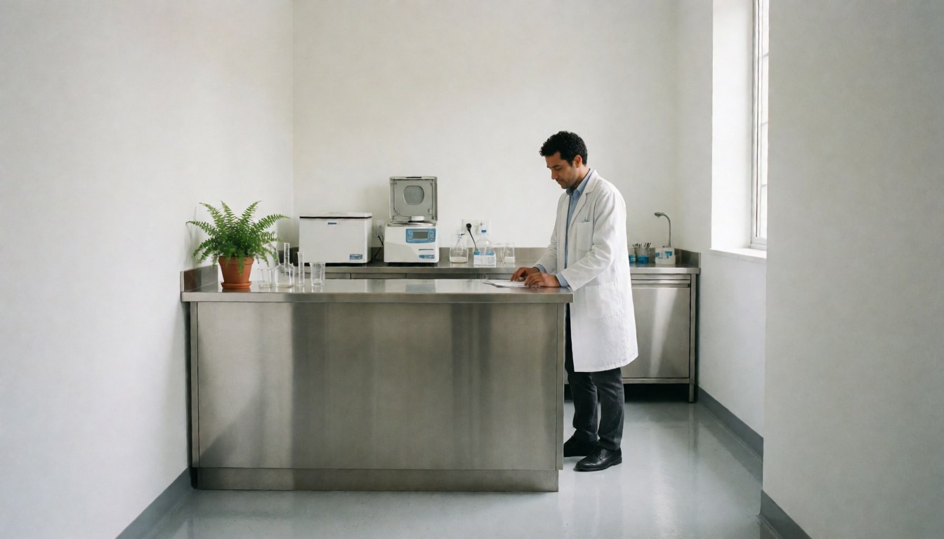Technicien en laboratoire clinique travaillant avec un équipement médical dans un espace propre, moderne et bien éclairé par la lumière naturelle.