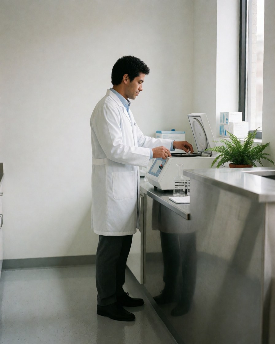 Un technicien de laboratoire clinique utilise une centrifugeuse blanche sur un plan de travail en acier inoxydable dans un environnement propre et lumineux.