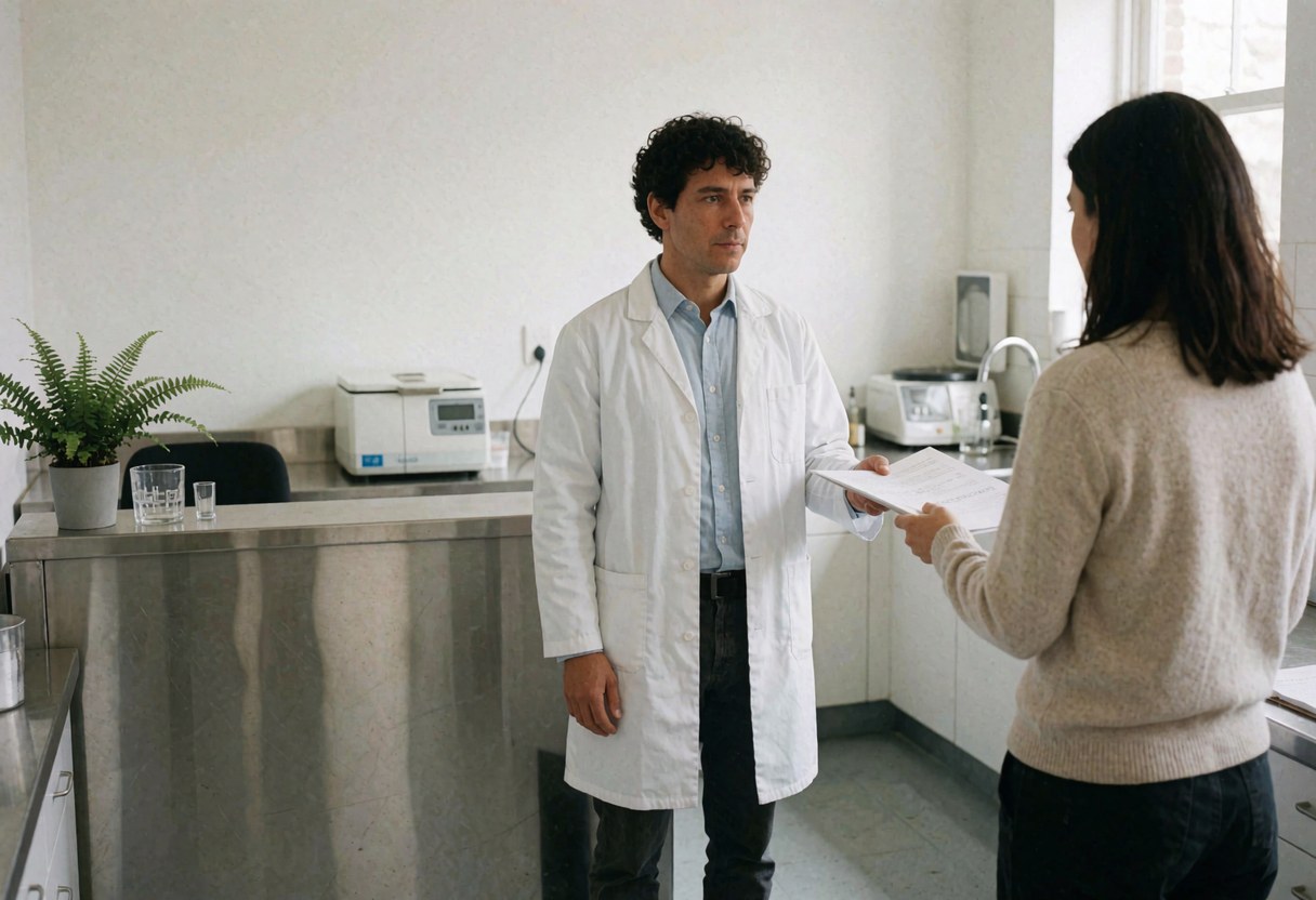Un professionnel en blouse blanche remet un rapport à un client dans un laboratoire médical propre et lumineux.