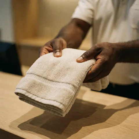 Une main tient une serviette propre pour la remettre à un client dans un environnement de réception.