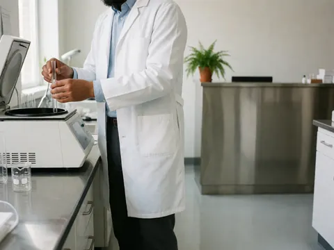 Un scientifique en blouse blanche tient un tube à essai près d'une centrifugeuse blanche dans un environnement propre avec murs blancs et sol gris.
