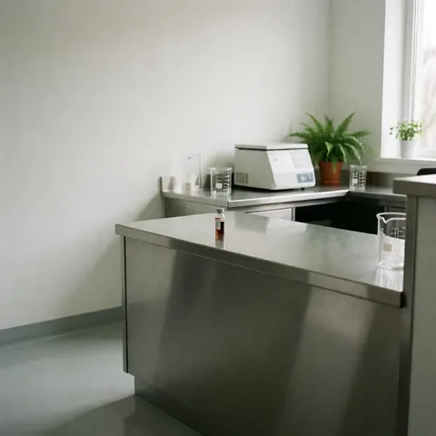 Un tube à sang posé sur une table en acier inoxydable dans un laboratoire clinique propre, avec centrifugeuse, béchers et plante en arrière-plan éclairée par la lumière naturelle.