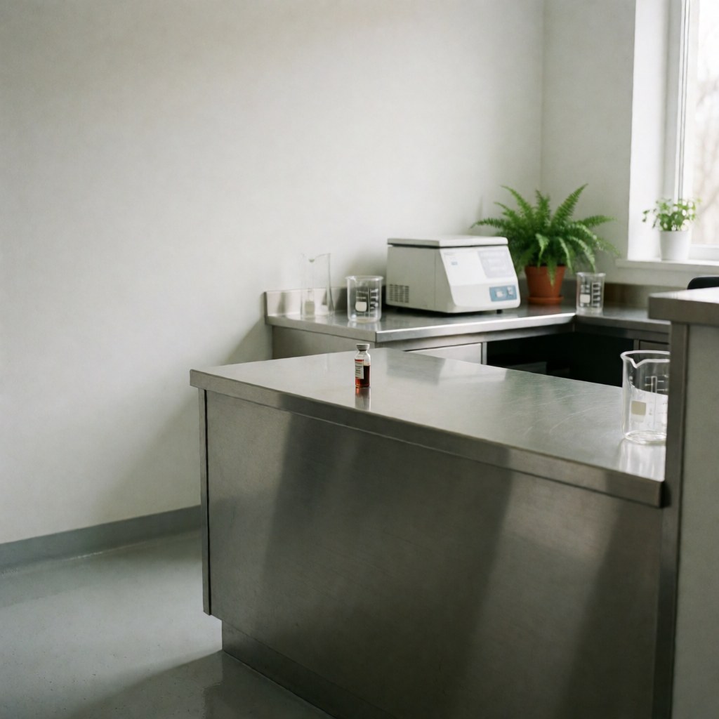 Un tube à sang posé sur une table en acier inoxydable dans un laboratoire clinique propre, avec centrifugeuse, béchers et plante en arrière-plan éclairée par la lumière naturelle.