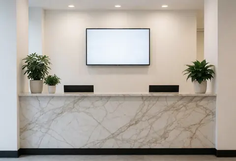 Réception d'assurance moderne avec un comptoir en marbre blanc, un écran digital et des plantes vertes. Ambiance professionnelle et épurée.
