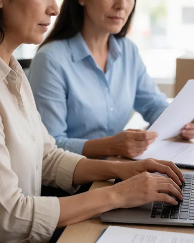 Deux professionnelles du secteur financier analysent ensemble des dossiers sur une table en bois dans un environnement de travail lumineux et contemporain.