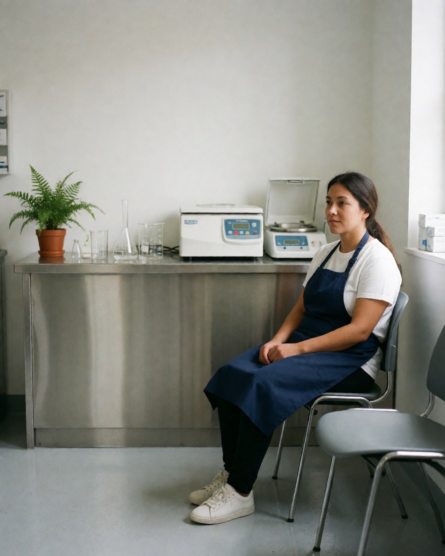 Une femme détendue attend sur une chaise dans un laboratoire médical propre et professionnel, avec du matériel scientifique et une plante sur le comptoir.