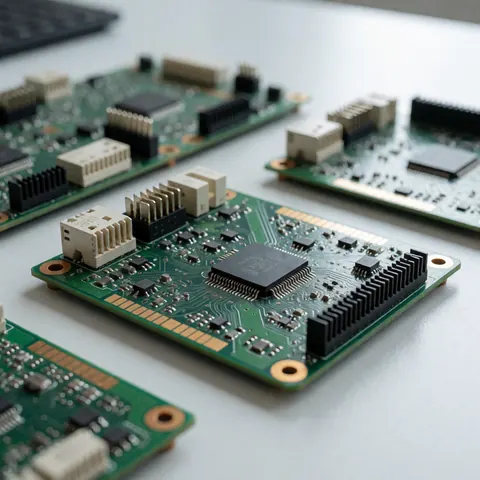 Vue rapprochée d'une carte mère électronique verte montrant des circuits imprimés, des connecteurs dorés, des câblages et divers composants électroniques de précision.