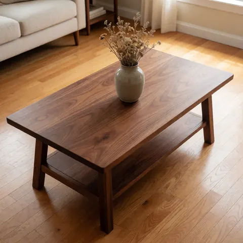 Table en noyer avec étagère sur sol en bois, vase en céramique et fleurs séchées, salon lumineux.