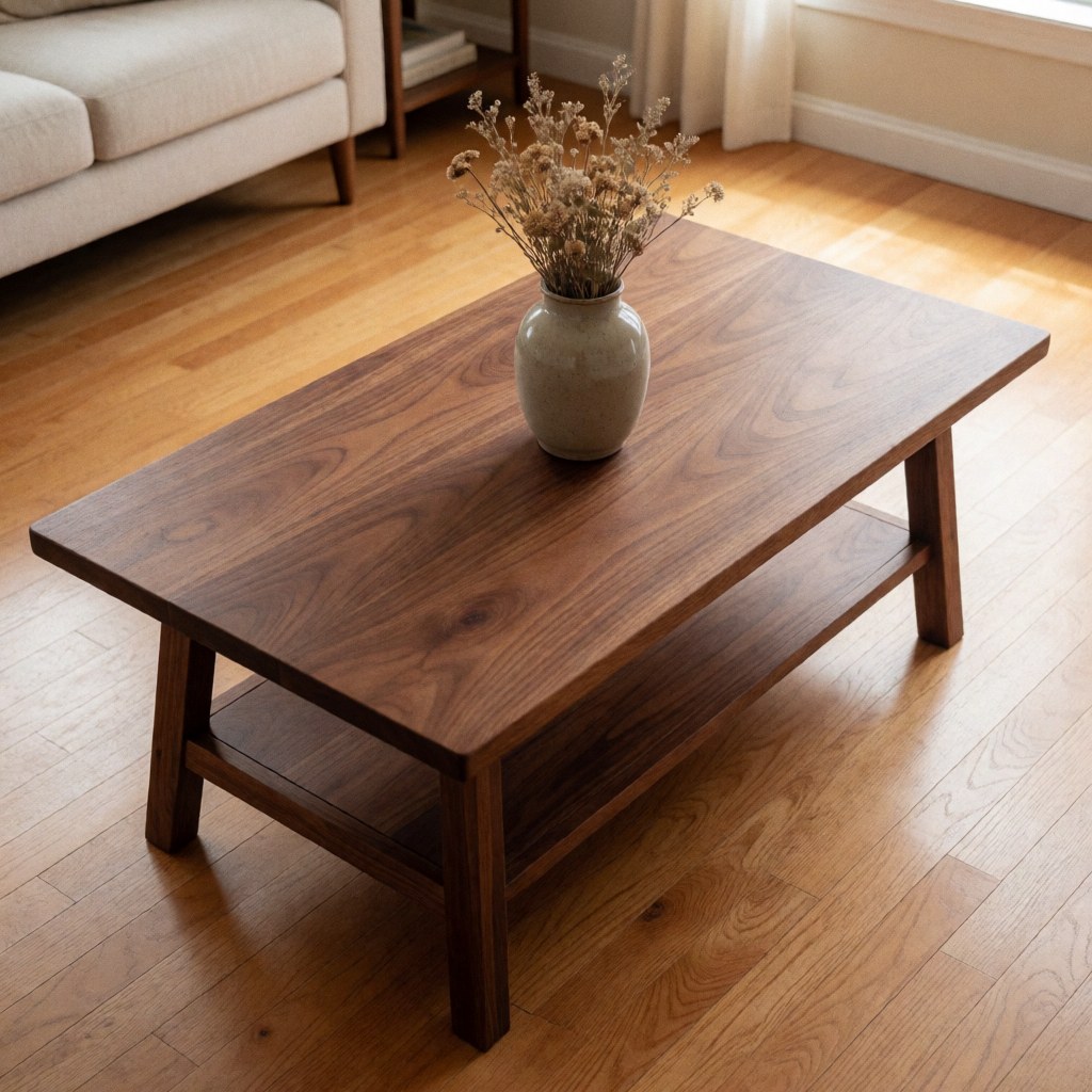 Table en noyer avec étagère sur sol en bois, vase en céramique et fleurs séchées, salon lumineux.