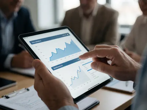 Une main utilise une tablette affichant des données financières et des graphiques d'assurance dans un bureau moderne.