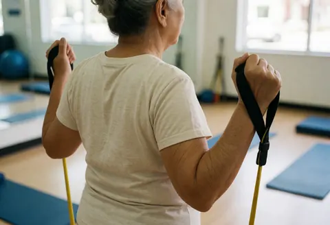 Vue arrière d'une femme âgée pratiquant du fitness avec une bande élastique dans une salle de sport équipée de miroirs et de tapis.