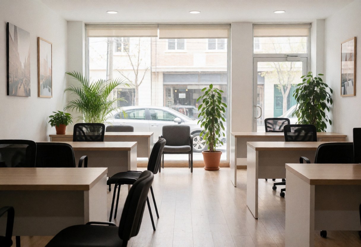 Vue intérieure d'un bureau d'agence de voyages contemporain avec tables, chaises, plantes vertes et lumière naturelle dans un espace professionnel.