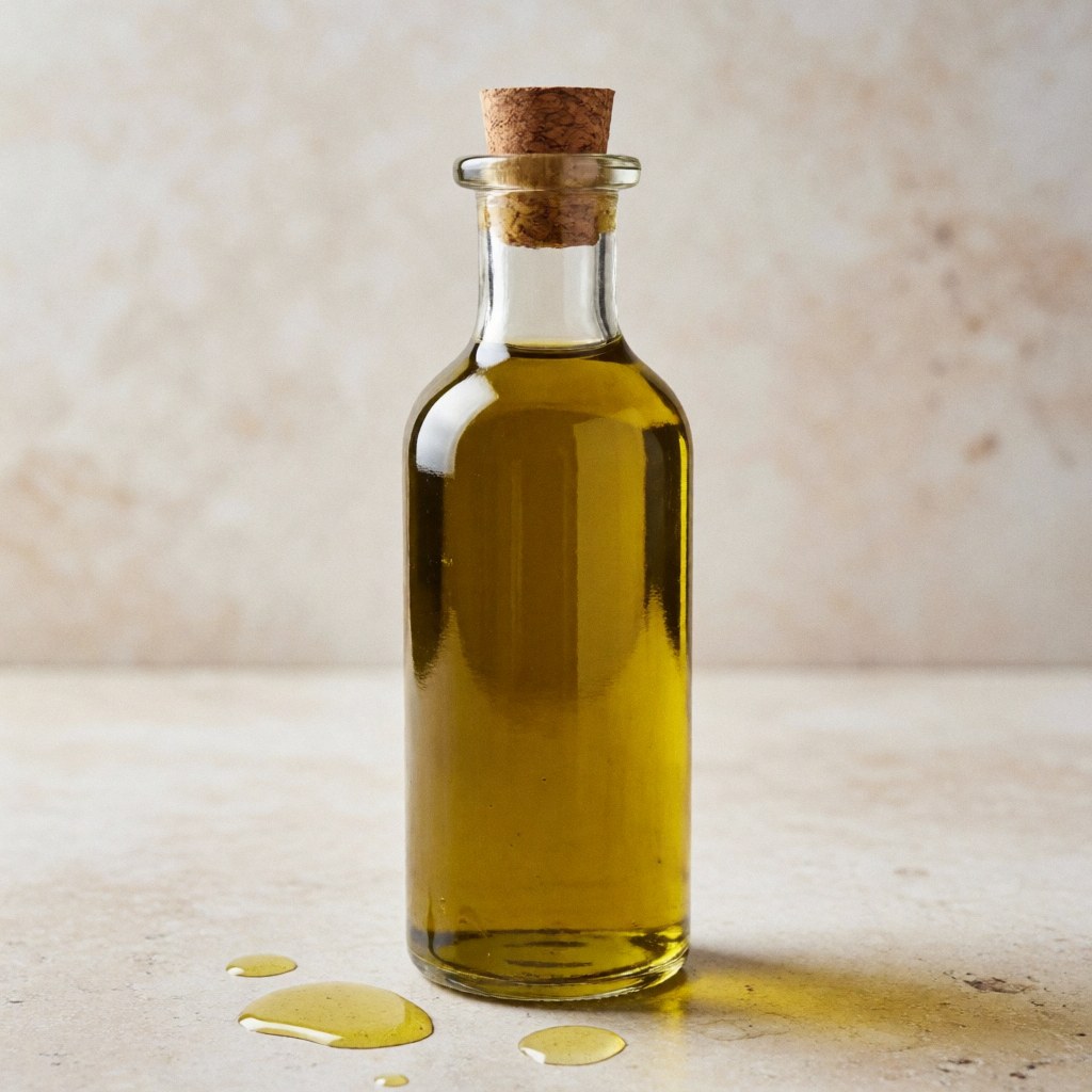 Une bouteille en verre contenant de l'huile d'olive avec un bouchon en liège, posée sur une surface en pierre avec des gouttes d'huile, éclairage élégant pour un produit gastronomique.