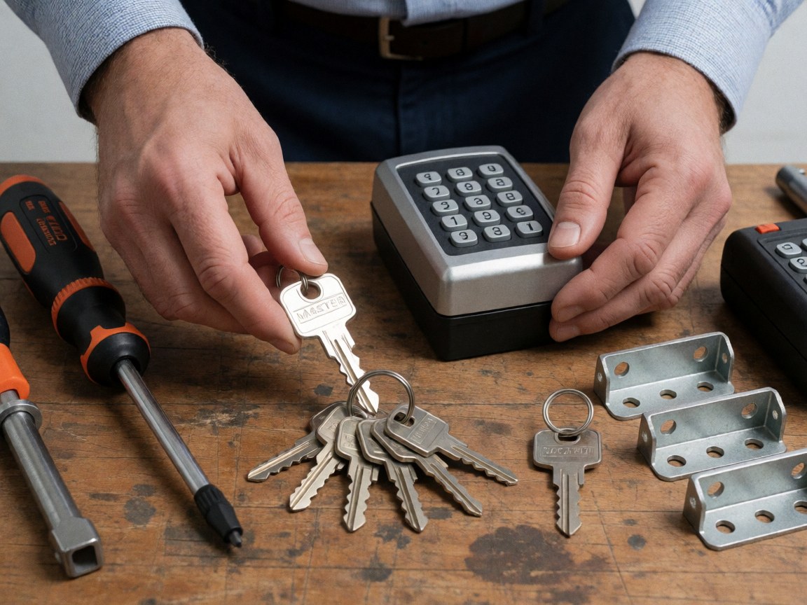 Mains d'un technicien manipulant des clés maîtresses et un cadenas numérique sur une table en bois avec des vis et des outils de montage.