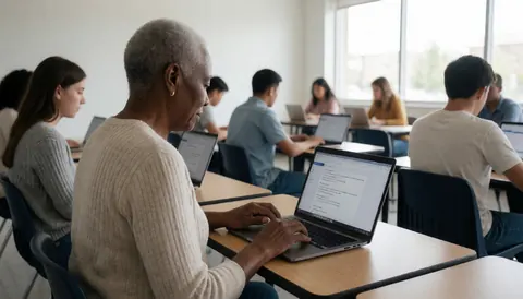 Espace de travail lumineux avec bureau en bois, chaise, ordinateur portable et fenêtre, évoquant un environnement d'apprentissage numérique professionnel.