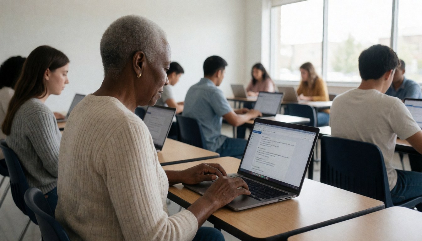 Espace de travail lumineux avec bureau en bois, chaise, ordinateur portable et fenêtre, évoquant un environnement d'apprentissage numérique professionnel.