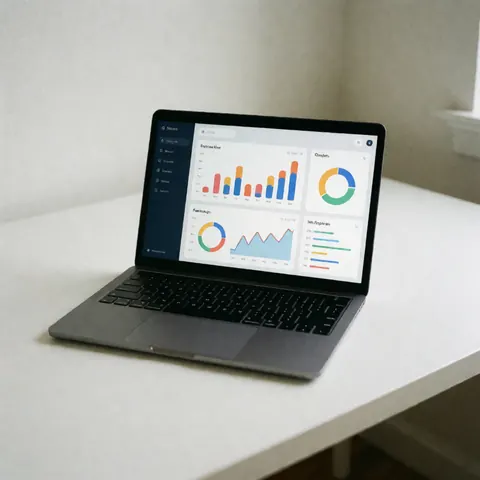 Ordinateur portable moderne avec écran montrant des graphiques en barres et circulaires sur un bureau blanc minimaliste, éclairage doux et professionnel.