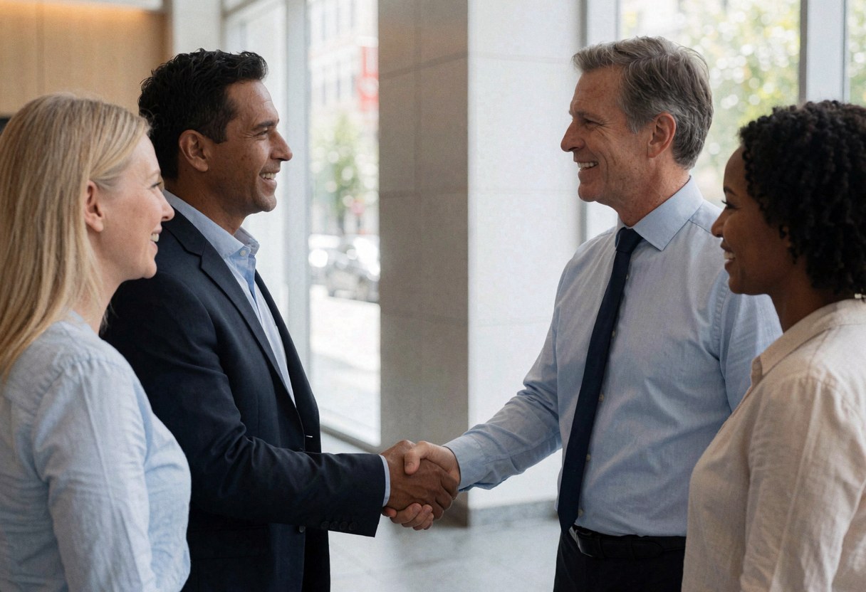 Un coach et un client se serrent la main dans un hall moderne, souriants, vêtus de vêtements professionnels, avec une architecture épurée en arrière-plan.