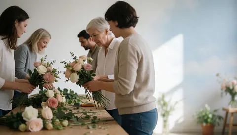 Une équipe de planification de mariages assemble des bouquets avec des roses et du eucalyptus sur une table en bois dans un studio lumineux.