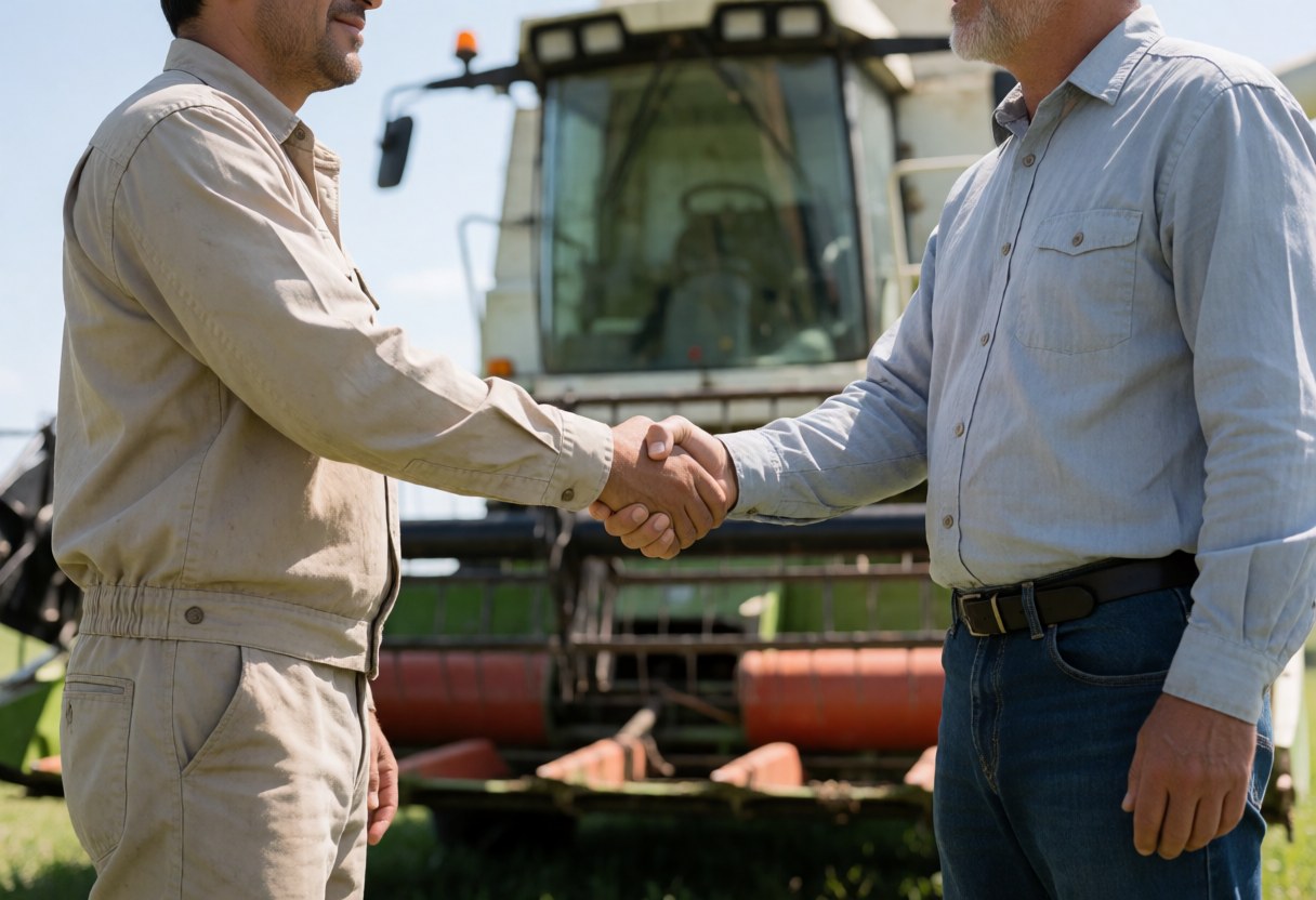 Signature d'un accord commercial en présence de machines agricoles sur un terrain ouvert sous le soleil.