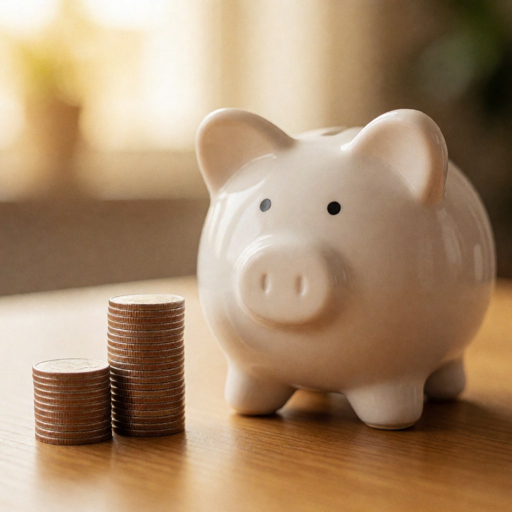 Cochon tirelire en céramique blanche posé sur une table en bois avec des pièces empilées, éclairage chaleureux et fond flou symbolisant l'épargne et la croissance financière.