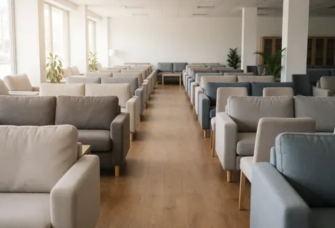Façade et intérieur d'un magasin de meubles présentant des canapés et des chaises alignés sur un sol en bois, baigné de lumière naturelle dans un environnement propre et accueillant.
