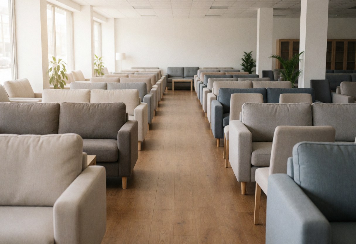Façade et intérieur d'un magasin de meubles présentant des canapés et des chaises alignés sur un sol en bois, baigné de lumière naturelle dans un environnement propre et accueillant.