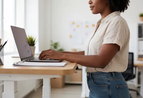 Une femme debout utilise un ordinateur portable sur un bureau moderne. L'espace est lumineux avec des plantes et une fenêtre, reflétant un environnement de travail logiciel professionnel et décontracté.