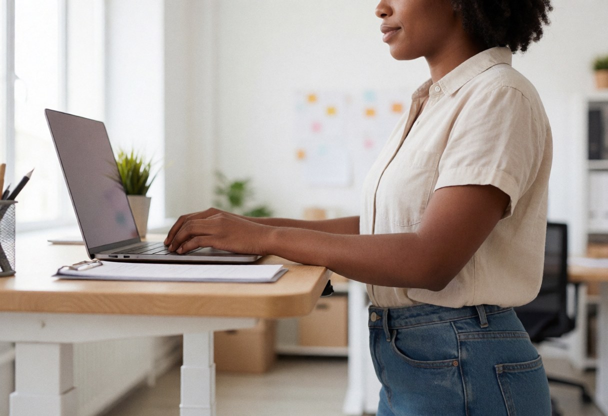 Une femme debout utilise un ordinateur portable sur un bureau moderne. L'espace est lumineux avec des plantes et une fenêtre, reflétant un environnement de travail logiciel professionnel et décontracté.