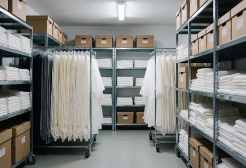 Vue d'un espace de rangement contenant des boîtes empilées, du linge de table et du mobilier métallique blanc et gris, prêt pour la logistique événementielle.