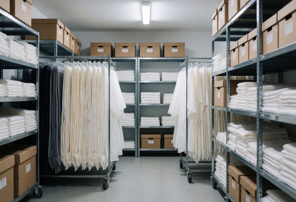 Vue d'un espace de rangement contenant des boîtes empilées, du linge de table et du mobilier métallique blanc et gris, prêt pour la logistique événementielle.