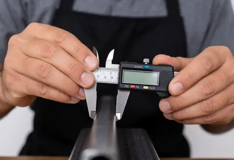 Un homme en tablier mesure l'épaisseur d'un tube métallique avec un calibrateur digital dans un atelier éclairé par une lampe de travail.