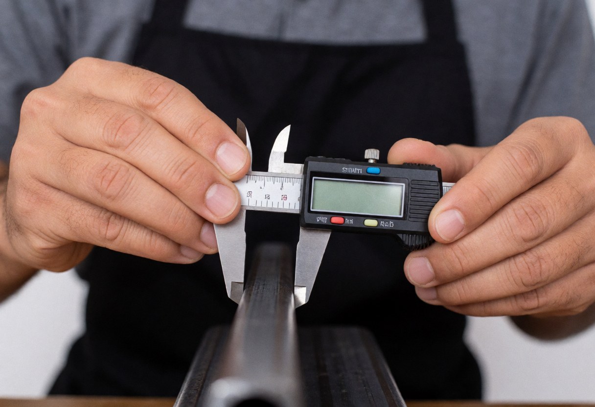 Un homme en tablier mesure l'épaisseur d'un tube métallique avec un calibrateur digital dans un atelier éclairé par une lampe de travail.