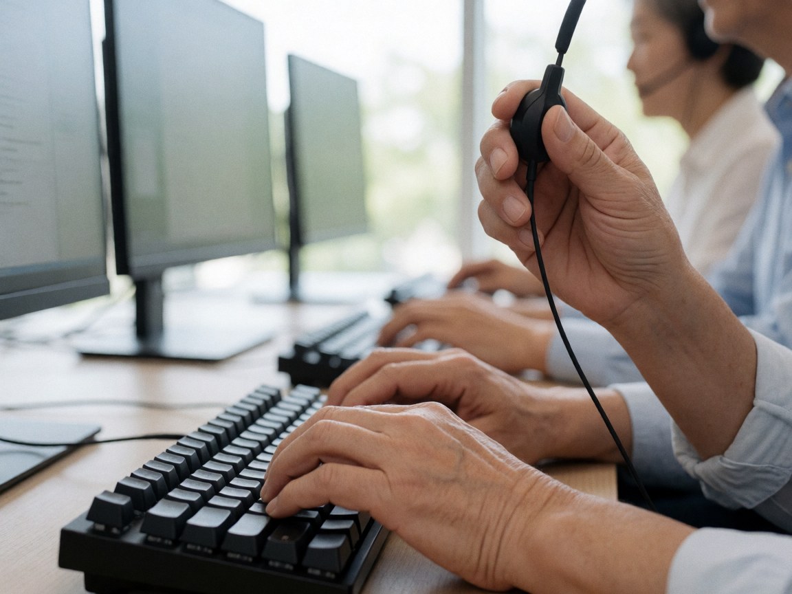 Mains d'adulte tapant sur un clavier mécanique tout en tenant un casque noir dans un bureau moderne avec moniteurs et lumière naturelle.