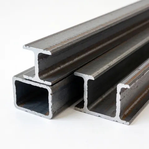 Poutres en acier structural à texture métallique sur fond blanc, idéales pour les projets industriels et de construction.