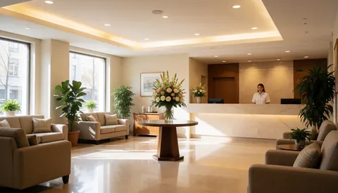 Vue du hall d'un hôtel moderne avec une réceptionniste souriante, des canapés confortables, de la végétation et une table ornée d'un grand bouquet floral. Sol brillant et lumière naturelle créant une ambiance