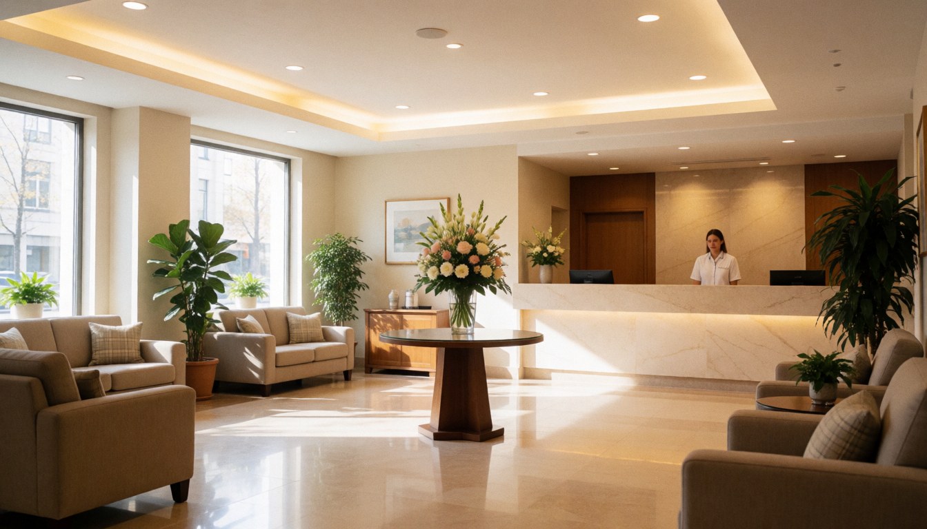 Vue du hall d'un hôtel moderne avec une réceptionniste souriante, des canapés confortables, de la végétation et une table ornée d'un grand bouquet floral. Sol brillant et lumière naturelle créant une ambiance