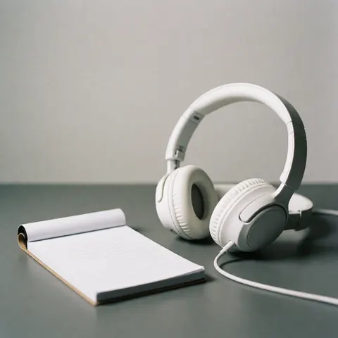 Un casque blanc et un cahier ouvert posés sur une table grise avec un éclairage doux pour illustrer le travail à distance ou la technologie.