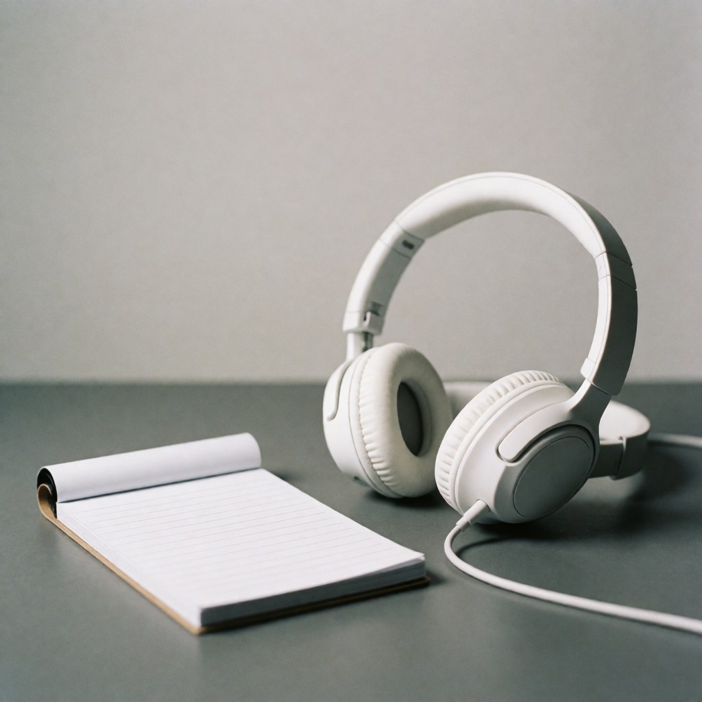 Un casque blanc et un cahier ouvert posés sur une table grise avec un éclairage doux pour illustrer le travail à distance ou la technologie.