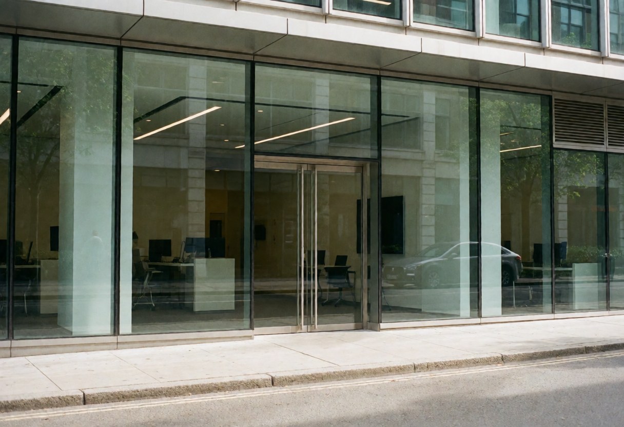 Vue de l'entrée principale d'un immeuble de bureaux contemporain dédié à la technologie, présentant des façades en verre et une architecture urbaine professionnelle.