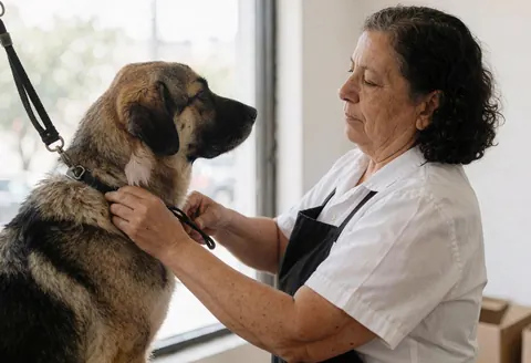 Un groomer utilise des ciseaux pour couper la fourrure d'un grand chien lors d'une séance de toilettage en salon.
