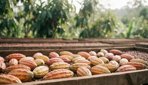 Grains de cacao disposés dans des caisses en bois avec un arrière-plan de feuillage vert flou et une lumière naturelle.