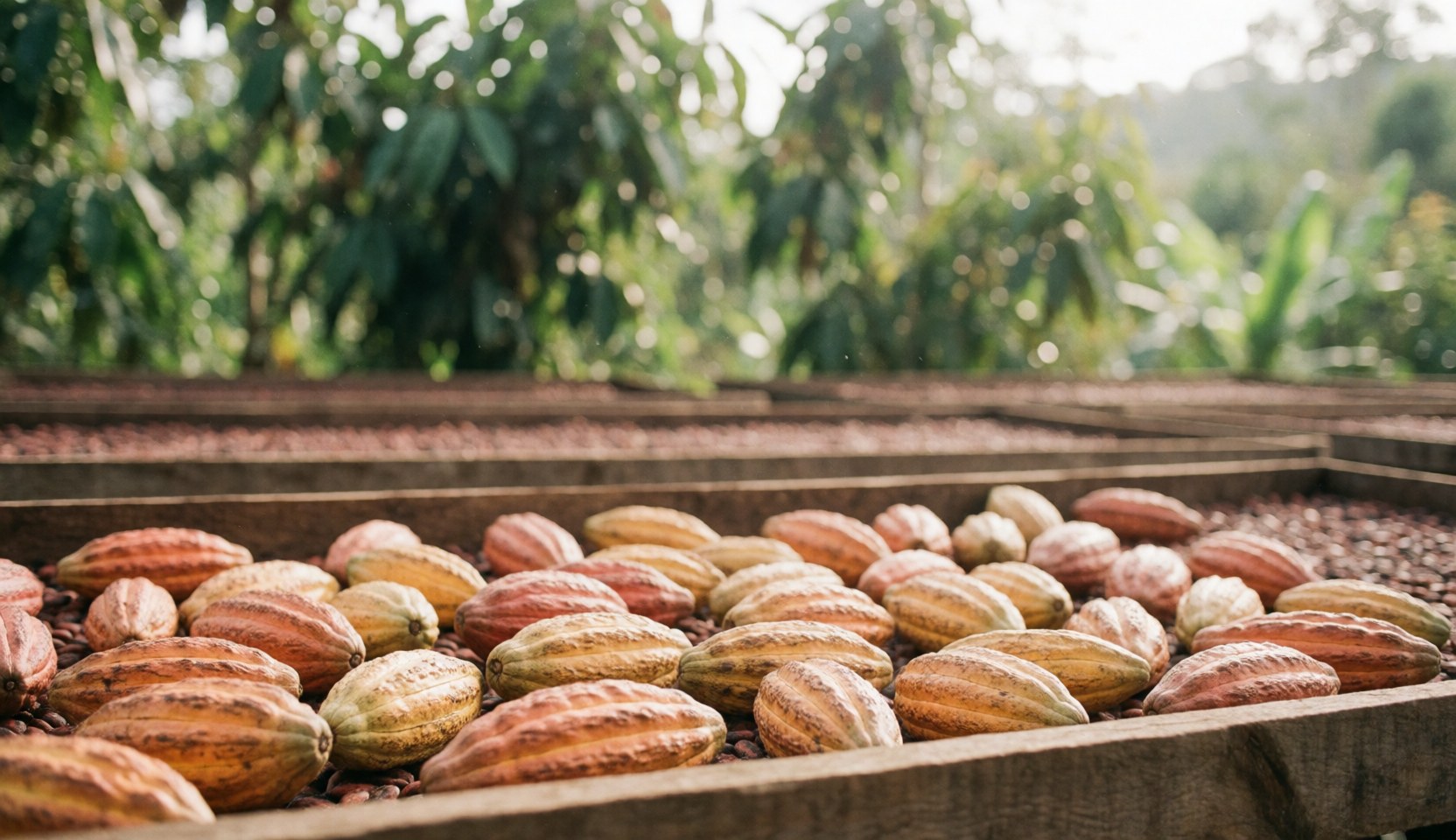 Grains de cacao disposés dans des caisses en bois avec un arrière-plan de feuillage vert flou et une lumière naturelle.