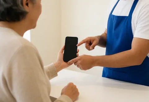 Un technicien derrière un comptoir guide un client âgé pour configurer son nouveau téléphone en pointant l'écran.