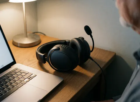 Un casque noir avec microphone repose sur une table en bois près d'un ordinateur portable sous une lumière chaude de lampe.