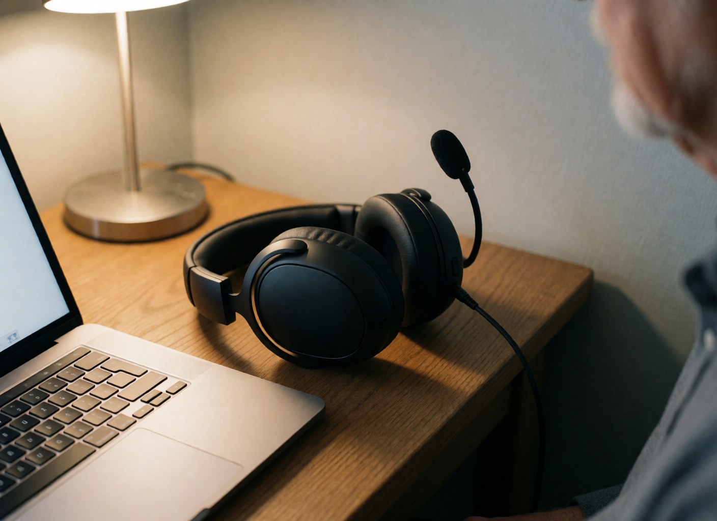 Un casque noir avec microphone repose sur une table en bois près d'un ordinateur portable sous une lumière chaude de lampe.