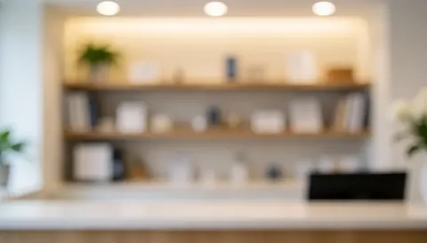 Fond de réception d'assurance avec des étagères floues, éclairage chaleureux et ambiant, idéal pour textes et design.