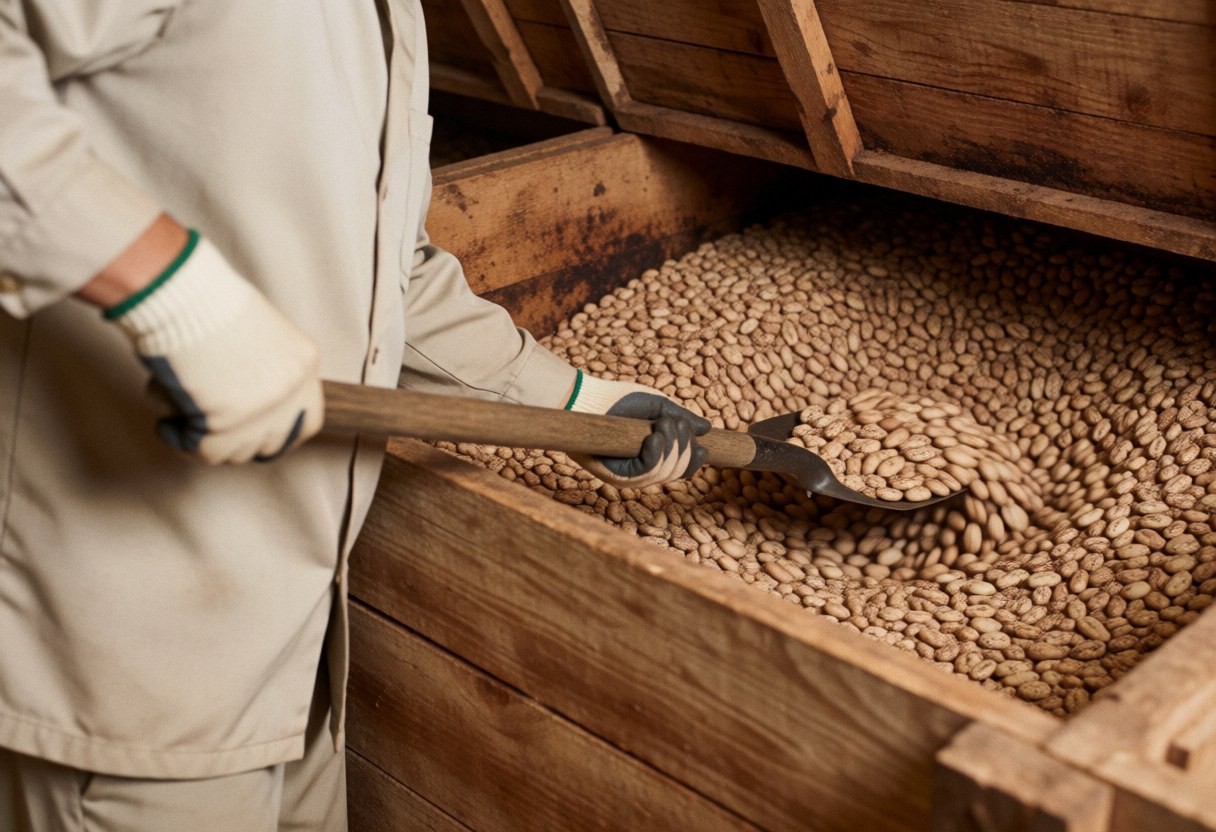 Un ouvrier portant des gants retourne du cacao frais dans une caisse en bois sous la lumière naturelle, illustrant le processus de fermentation artisanale.