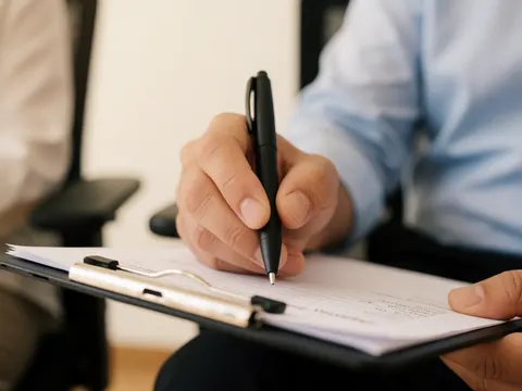 Une main tenant un stylo bleu écrit sur une feuille de papier fixée à un presse-papiers, dans un contexte professionnel.